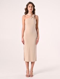 Abito Beige Stretch con Scollo Asimmetrico det_1