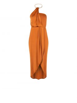 Vestido de hombro descubierto marrón con escote de joya det_4