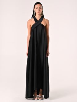 Vestido largo negro con escote cruzado det_1