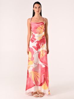 Robe longue en satin imprimé feuilles det_1
