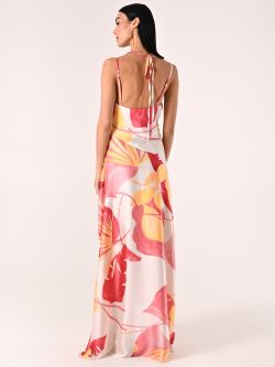Robe longue en satin imprimé feuilles det_3