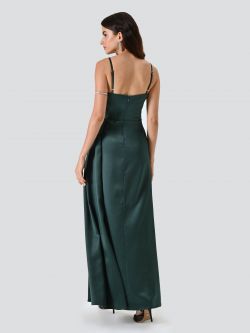 Langes Kleid in Grün aus Satin det_3