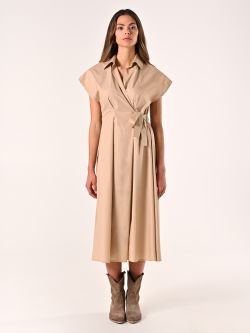 Beige Wrap Shirt Dress with Bow det_1