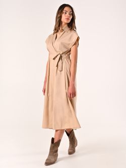 Beige Wrap Shirt Dress with Bow in_i7
