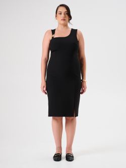 Schwarzes Curvy-Etuikleid mit Schmuckeinsatz det_1