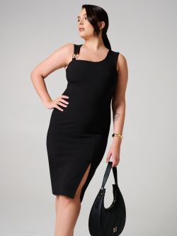 Schwarzes Curvy-Etuikleid mit Schmuckeinsatz in_i7