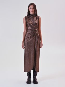 Abito Drappeggiato in Maglia Laminata Bronzo det_1
