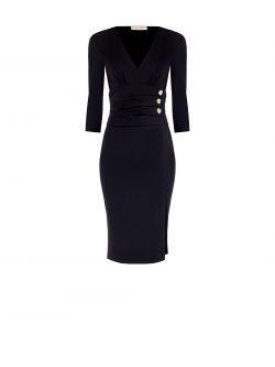 Vestido de tubo negro con cinturilla drapeada y botones de diseño det_4