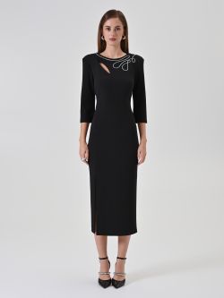 Black sheath dress with embroidered teardrop neckline det_1