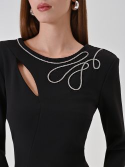Black sheath dress with embroidered teardrop neckline in_i5
