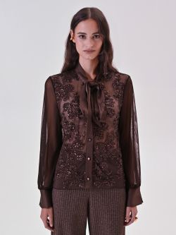 Brown Tulle Shirt with Sequin Embroidery 2 Rinascimento Brown Tulle Shirt with Sequin Embroidery det_2