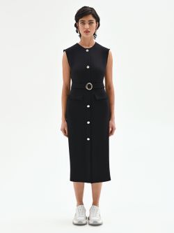 Tubino smanicato nero con cintura e bottoni det_1