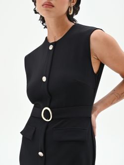 Tubino smanicato nero con cintura e bottoni in_i5