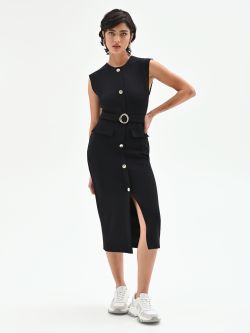 Tubino smanicato nero con cintura e bottoni in_i7