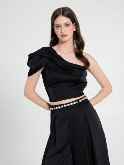 Black One-Shoulder Top in Satin sp_e1