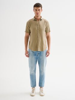 Men’s Green Linen Shirt with Short Sleeves QB24 det_1