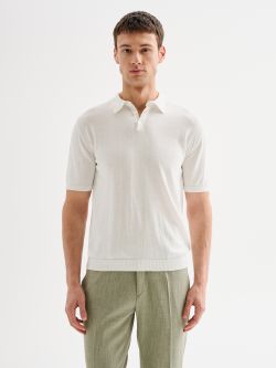 Men's Basic White Knitted Polo Short in Crepe Cotton QB24 det_3