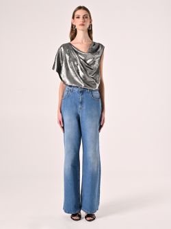 Einseitig schulterfreie Bluse aus laminiertem Cady det_1