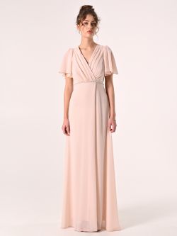 Vestido largo de georgette con ribete de pedrería det_1