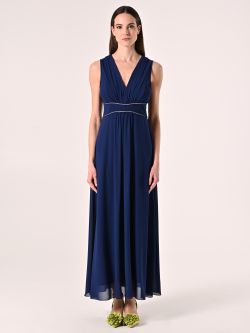 Abito Blu Lungo con Piping Strass det_1