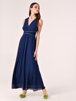 Abito Blu Lungo con Piping Strass in_i7