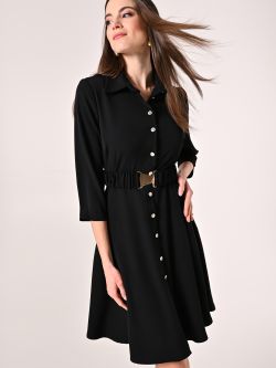 Chemisier Nero in Cadi con Cintura Arricciata in_i7