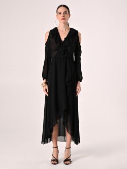 Maxi-Kleid in Schwarz mit Rüschen det_1