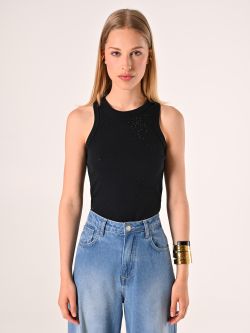Geripptes Tanktop mit Strass in Schwarz det_2