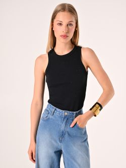 Geripptes Tanktop mit Strass in Schwarz in_i7