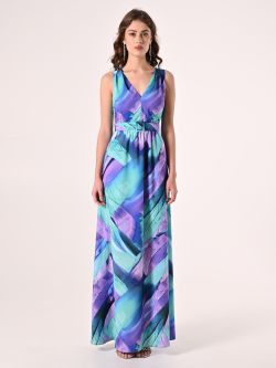 Langes Kleid mit abstraktem Muster und überzogenem Gürtel det_1