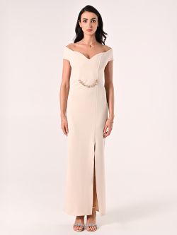 Robe longue beige clair en néoprène det_1