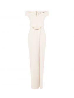 Robe longue beige clair en néoprène det_4