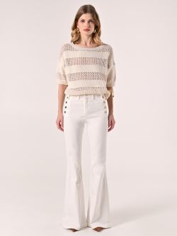Pantalon évasé en denim à boutons blanc det_1