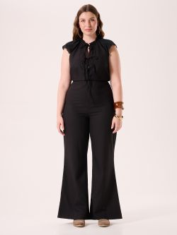 Curvy Black Jumpsuit in Viscose Linen with Sangallo Details det_1