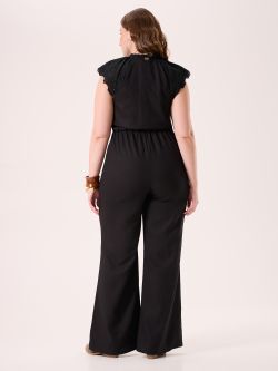 Curvy Black Jumpsuit in Viscose Linen with Sangallo Details det_3