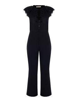 Curvy Black Jumpsuit in Viscose Linen with Sangallo Details det_4