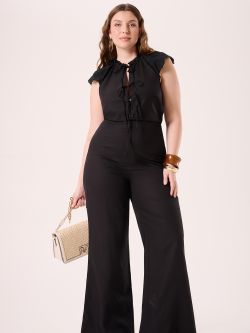Curvy Black Jumpsuit in Viscose Linen with Sangallo Details sp_e1