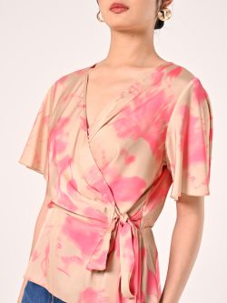 Blusa con estampado abstracto beige oscuro y rosa camelia in_i5