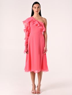 Kleid mit einer freien Schulter aus Georgette in Kamelienrosa det_1