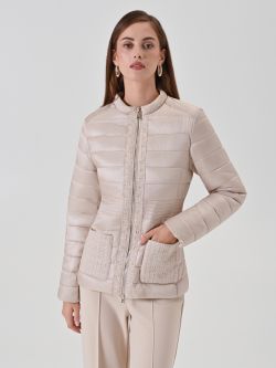 Lightweight beige puffer jacket with lurex tweed detailing in_i7