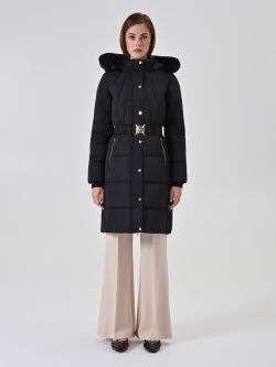 Black quilted belted puffer jacket det_1