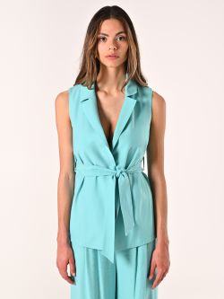 Aqua Green Waistcoat in Crinkled Viscose Blend with Belt det_2