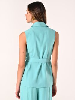 Aqua Green Waistcoat in Crinkled Viscose Blend with Belt det_3