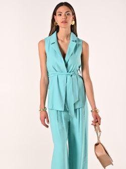 Aqua Green Waistcoat in Crinkled Viscose Blend with Belt sp_e1