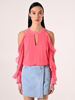Bluse mit Rüschen in Kamelienrosa det_2