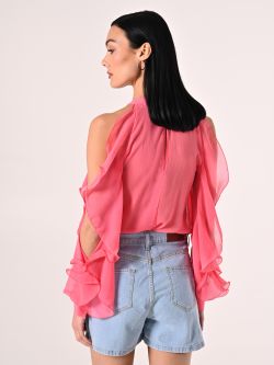 Bluse mit Rüschen in Kamelienrosa det_3