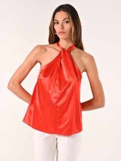 Orange Satin Halterneck Top in_i7