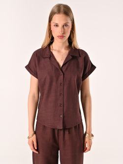 Camicia Boxy Marrone Cioccolato in Lino Cotone det_2