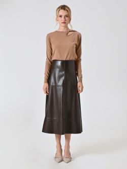 Jupe midi chocolat en simili cuir det_1