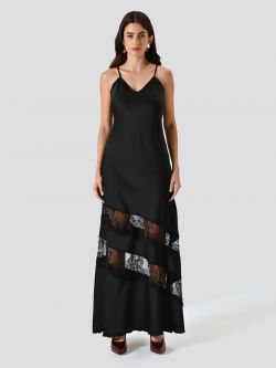 Kleid aus schwarzem Satin mit Spitzeneinsätzen det_1